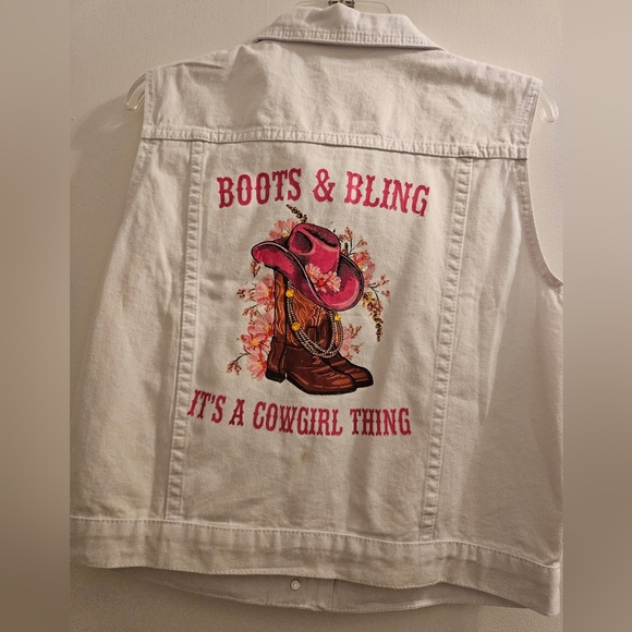 White Denim Vest with Pink Design - Picture 1 of 3